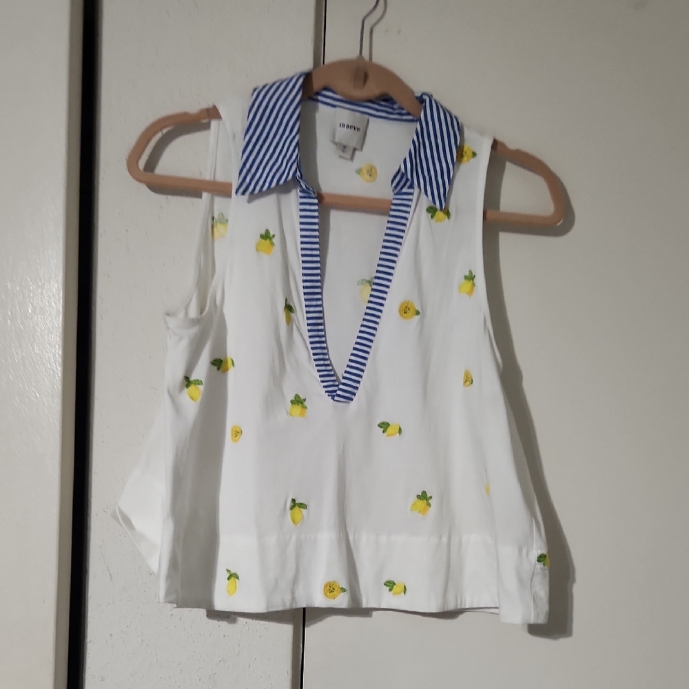 Maeve White Top with Lemon Embroidery and Striped Collar